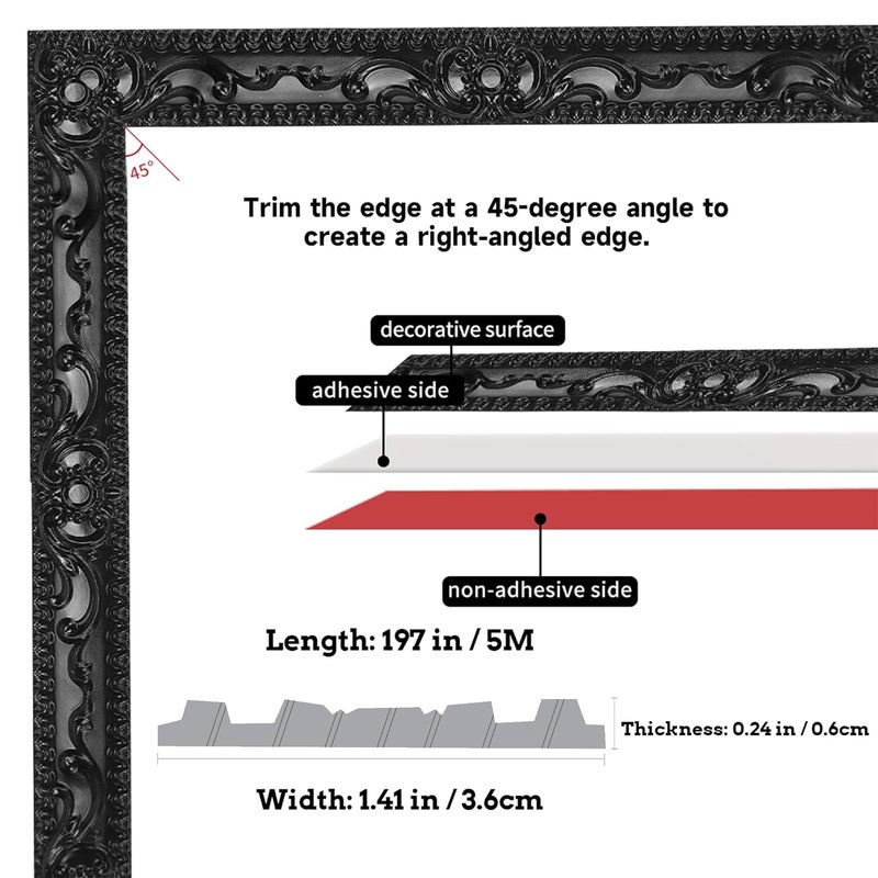 Leenevs Flexible Molding Trim Wall Trim, 16.4 Feet Self Adhesive Peel and Stick Molding Ceiling Molding, Cabinet Border, Mirror Frame Trim Wall Trim for Home Decor Wall Molding & Trim (Black) - Image 2